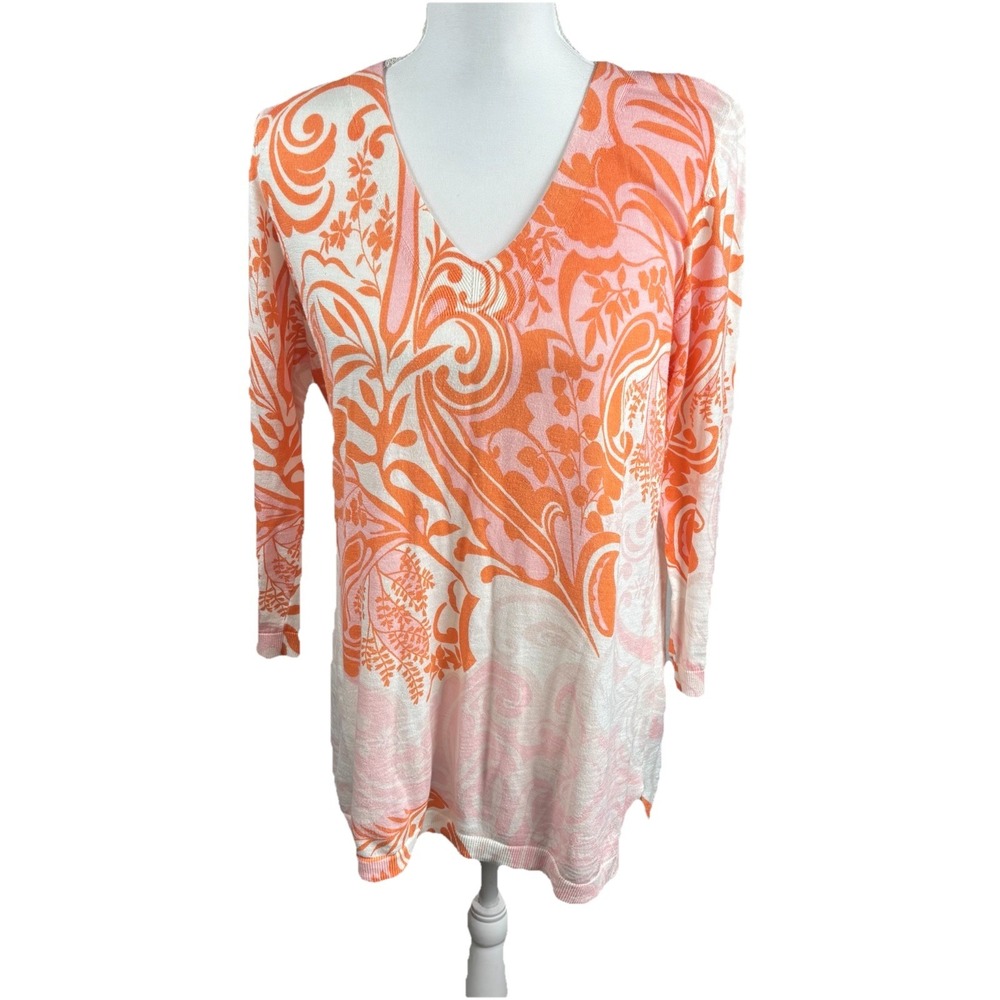 Talbots Top Pink Orange White Summer size L 100% Cotton Artsy Vacation